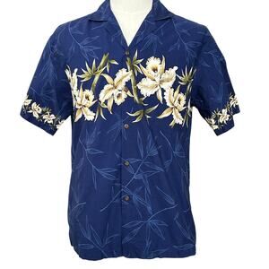 Vintage Ky's Hawaiian Shirt SIZE M Navy Floral USA Made 80s 90s Retro Summer
